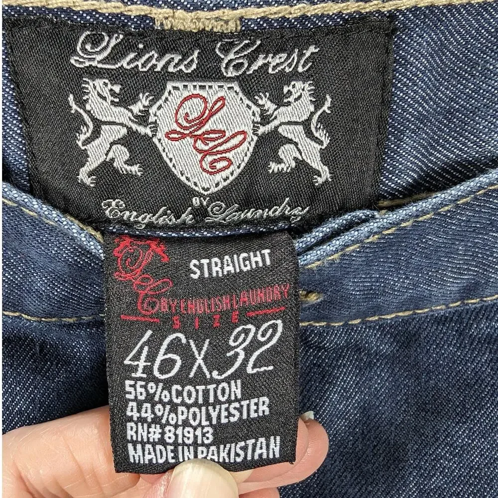 English Laundry Jeans Mens 46 x 32 Straight Whiskers Lions Crest blue Denim